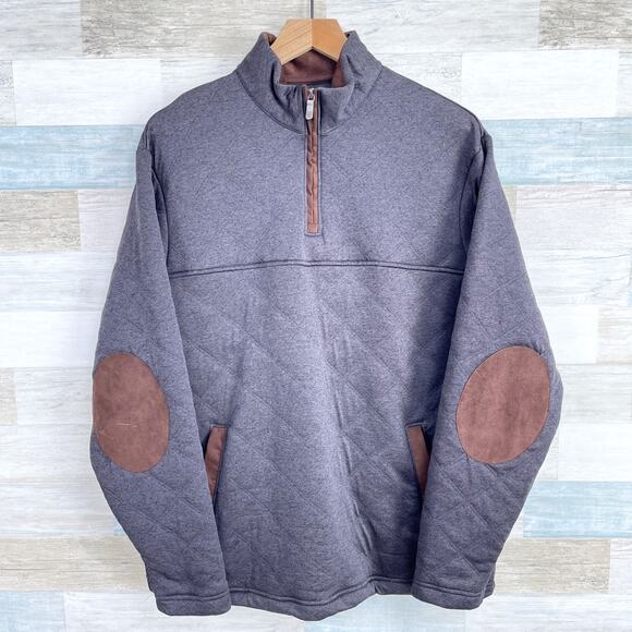 Cremieux Quilted 1/4 Zip Sweatshirt Gray Elbow Patches Pockets Mens Large - Picture 1 of 7
